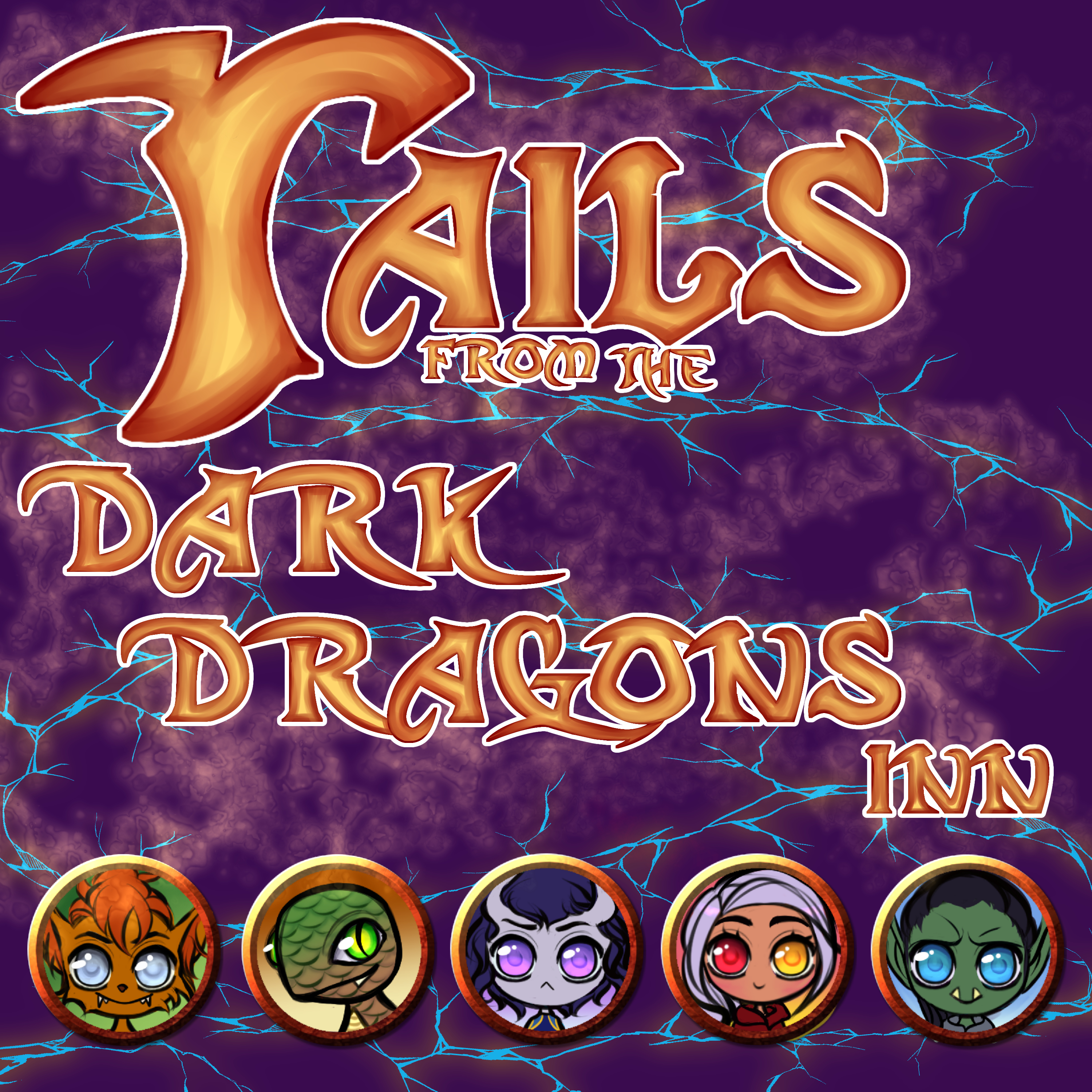The cover image of Tails from the dark dragons inn, resembles an eighties power metal album. The background is purple storm clouds with cheesy blue lightning and the bottom is a row of cute caricatures of the main featured cast, Scraw (a bug bear), Erbak  (a lizard man), Tobe (a tiefling), Myx (an aasimar) and Mhurren (a half orc)